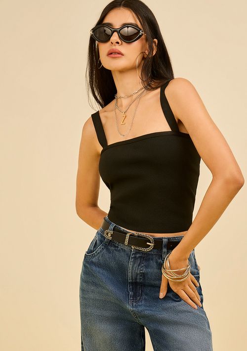 Top Zinco Decote Reto Alça Fina Preto