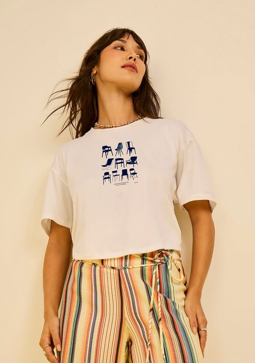 Camiseta Zinco Solta Decote Careca Manga Curta Padrão Off White