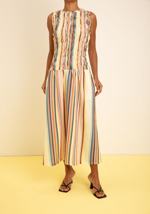 Vestido Zinco Ajustado Decote Careca Sem Manga Midi Amarelo