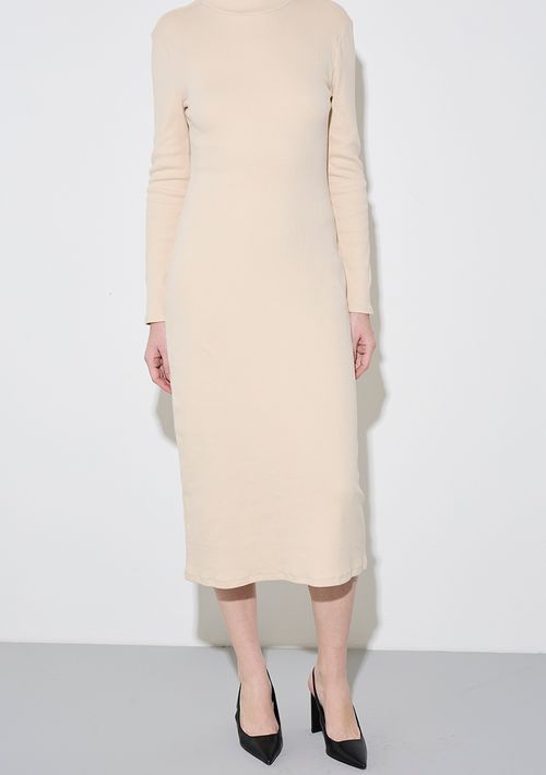 Vestido Zinco Ajustado Gola Alta Manga Longa Midi Bege