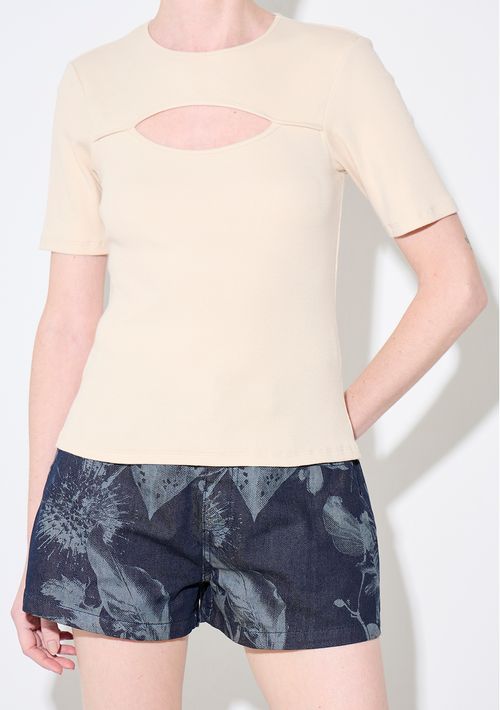 Blusa Zinco Ajustada Decote Careca Manga Curta Padrão Bege