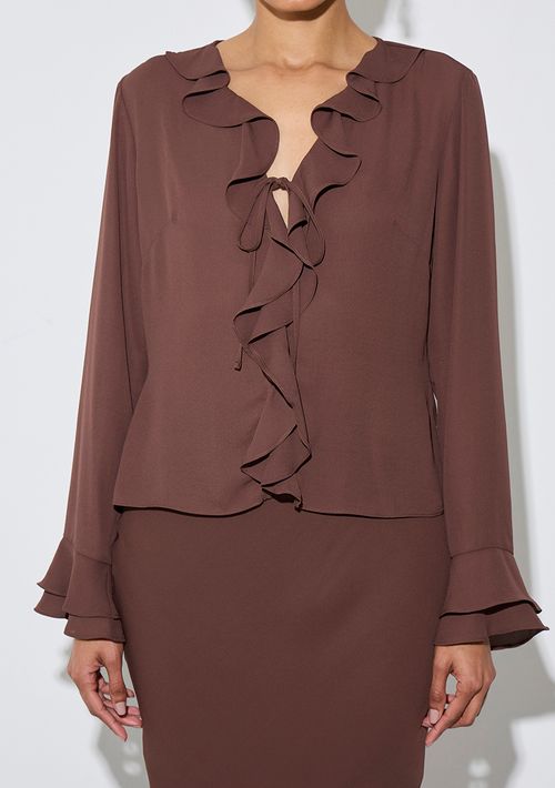 Blusa Zinco Solta Decote V Manga Longa Padrão Marrom