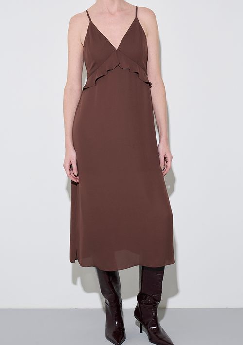 Vestido Zinco Solto Decote V Com Alça Midi Marrom