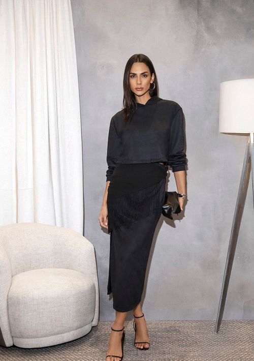 Saia Zinco Reta Alta Midi Preto