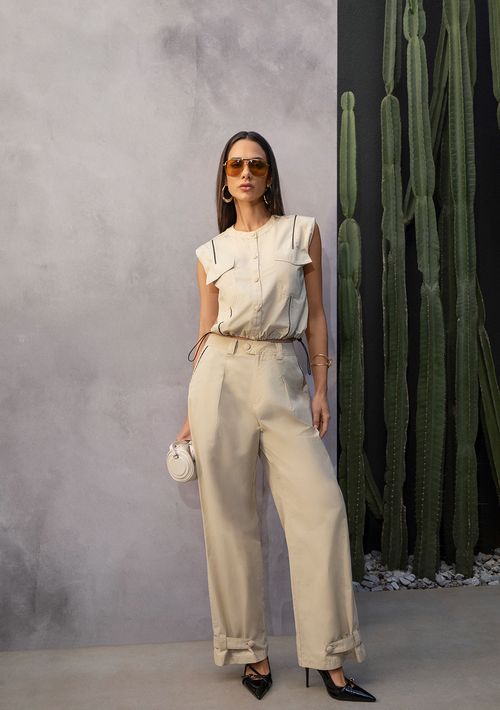 Calça Zinco Pantalona Alta Bege