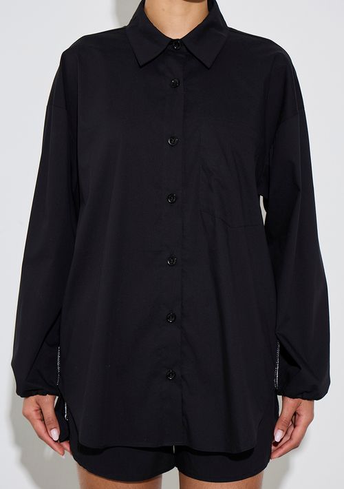 Camisa Zinco Solta Gola Tradicional Manga Longa Alongada Preto