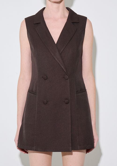 Vestido Zinco Ajustado Decote V Sem Manga Curto Marrom