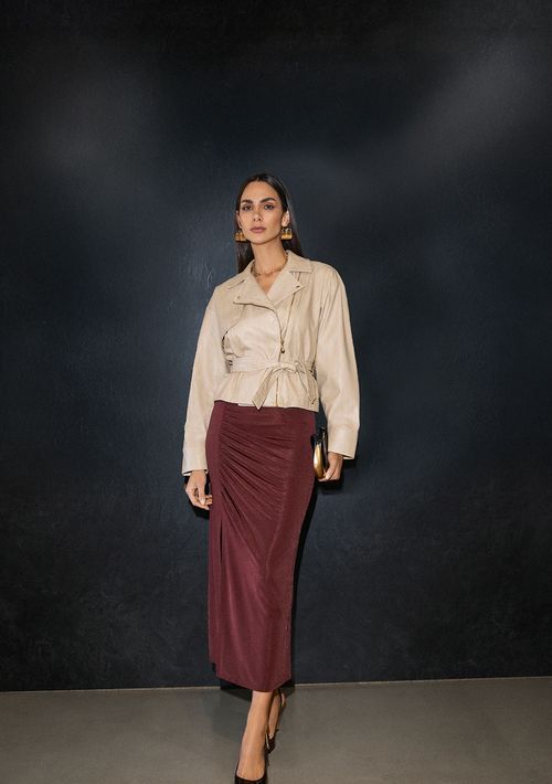 Saia Zinco Reta Alta Midi Marrom