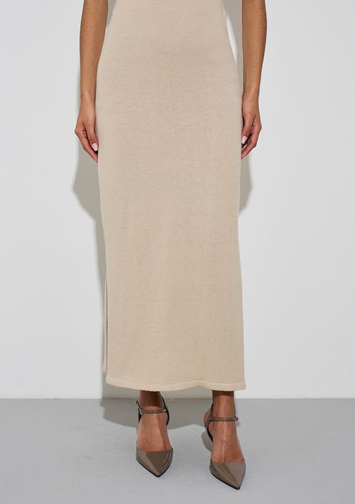 Saia Zinco Reta Alta Midi Bege