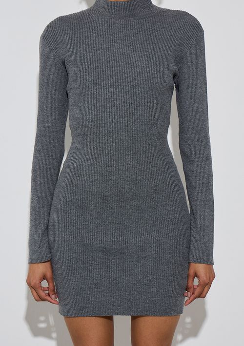 Vestido Zinco Ajustado Gola Alta Manga Longa Curto Cinza