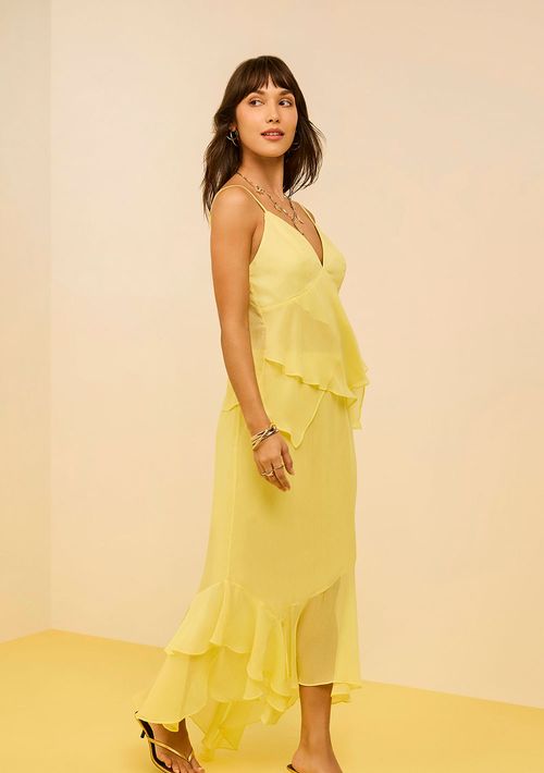 Saia Zinco Evasê Alta Midi Amarelo