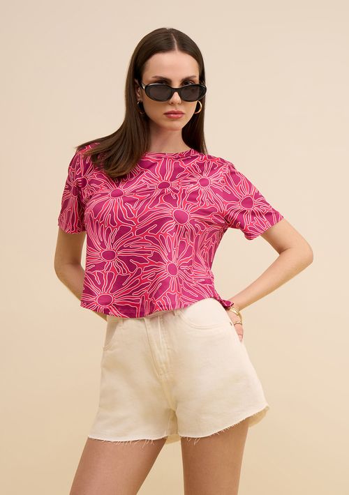 Camiseta Zinco Solta Decote Careca Manga Curta Padrão Rosa