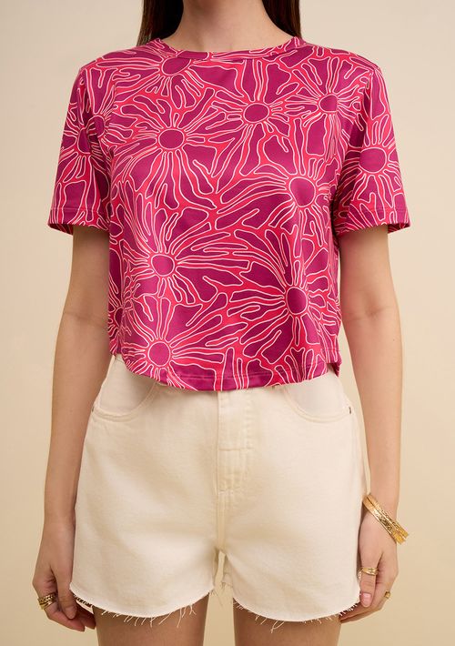 Camiseta Zinco Solta Decote Careca Manga Curta Padrão Rosa