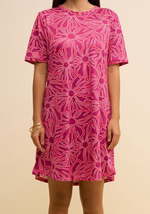 Vestido Zinco Solto Decote Careca Manga Curta Curto Rosa