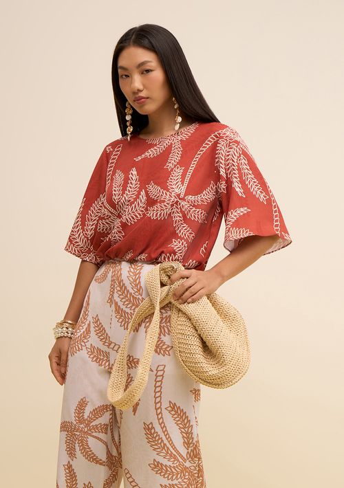 Blusa Zinco Solta Decote Careca Manga 3 Quartos Padrão Laranja