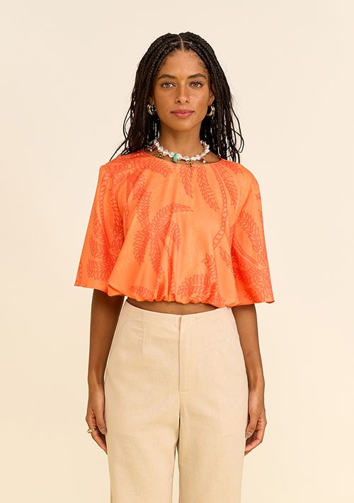 Blusa Zinco Solta Decote Careca Manga 3 Quartos Padrão Laranja