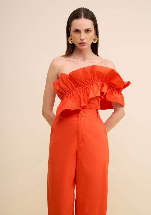 Blusa Zinco Solta Decote Reto Sem Alça Padrão Laranja