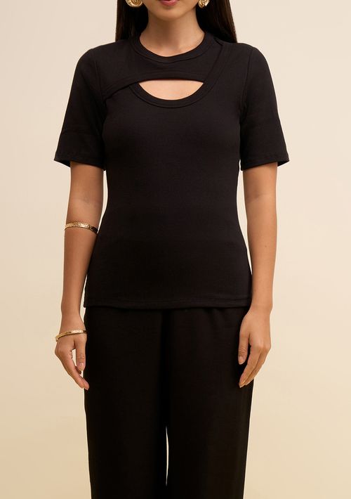 Blusa Zinco Ajustada Decote Careca Manga Curta Padrão Preto