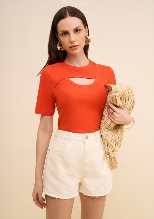 Blusa Zinco Ajustada Decote Careca Manga Curta Padrão Laranja