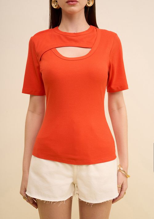 Blusa Zinco Ajustada Decote Careca Manga Curta Padrão Laranja