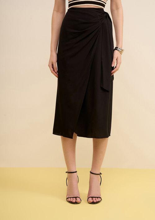 Saia Zinco Evasê Alta Midi Preto