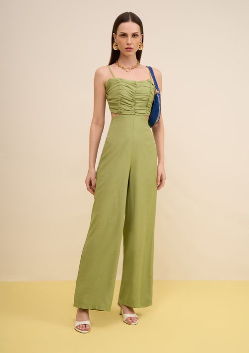 Macacão Zinco Solto Decote Reto Sem Manga Longo Verde