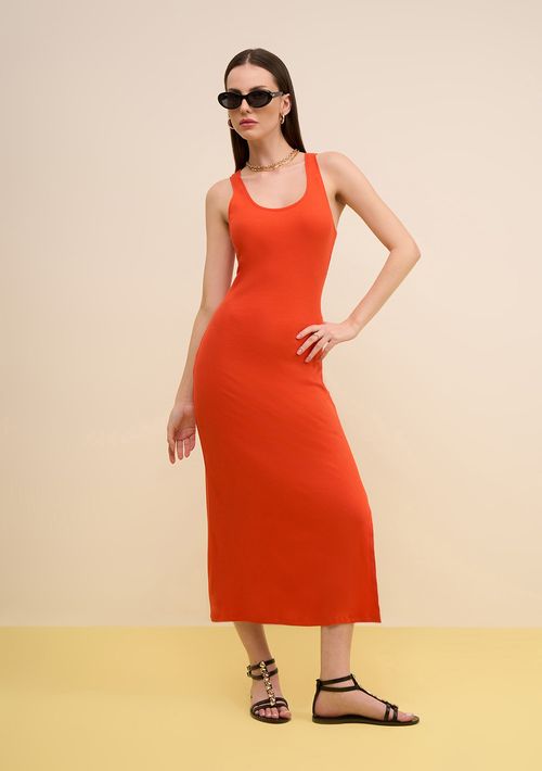 Vestido Zinco Ajustado Decote Careca Sem Manga Midi Laranja