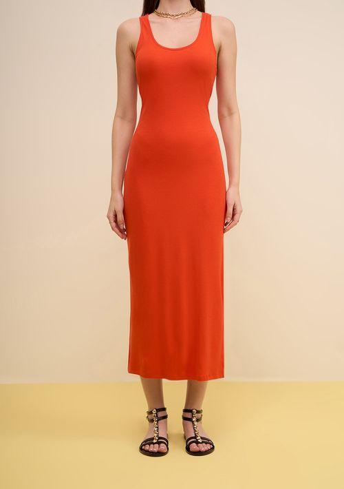Vestido Zinco Ajustado Decote Careca Sem Manga Midi Laranja