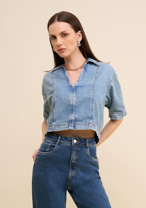 Camisa Zinco Solta Gola Tradicional Manga Curta Padrão Azul