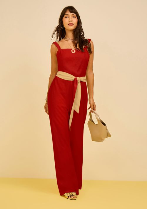 Macacão Zinco Ajustado Decote Reto Sem Manga Longo Vermelho