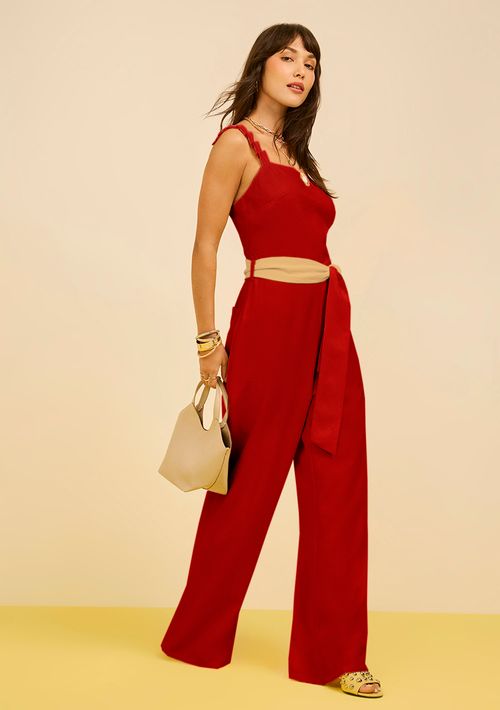 Macacão Zinco Ajustado Decote Reto Sem Manga Longo Vermelho