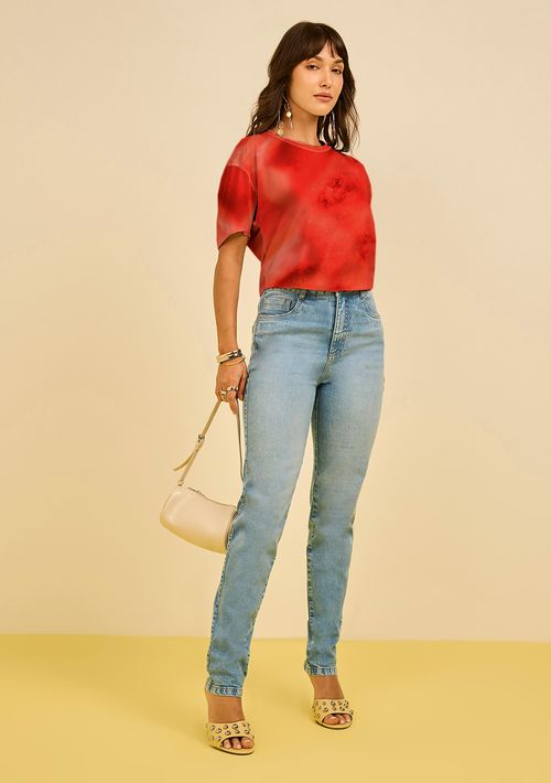 Camiseta Zinco Solta Decote Careca Manga Curta Padrão Vermelho