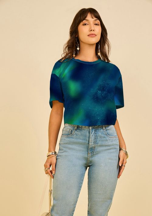 Camiseta Zinco Solta Decote Careca Manga Curta Padrão Azul