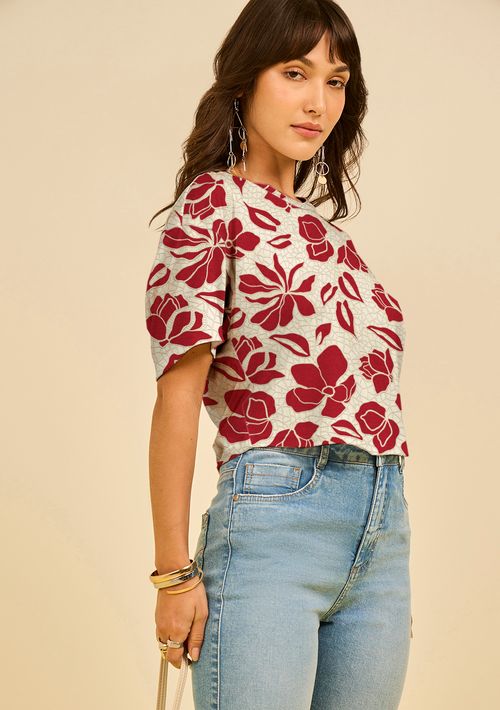 Camiseta Zinco Solta Decote Careca Manga Curta Padrão Vermelho