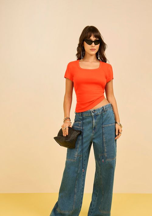 Blusa Zinco Ajustada Decote Careca Manga Curta Padrão Laranja